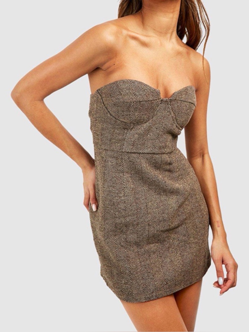 Boohoo Tonal Strapless Herringbone bustier Corset Mini Dress in Brown